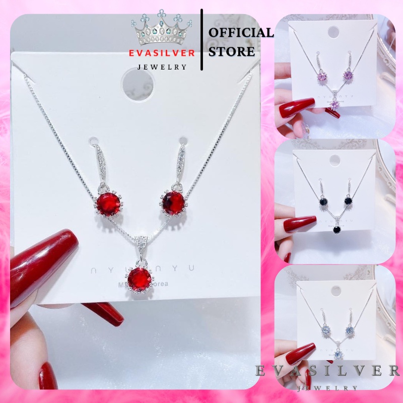 Combo trang sức bạc Dây chuyền + Bông tai gắn đá màu, phong cách trẻ trung năng động