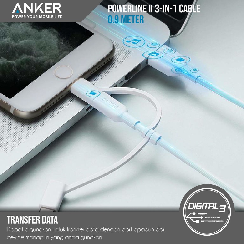 Dây Cáp Sạc Anker A8436 Powerline Ii 3 Trong 1 Cổng Micro-usb Và Type C Cho Iphone Samsung