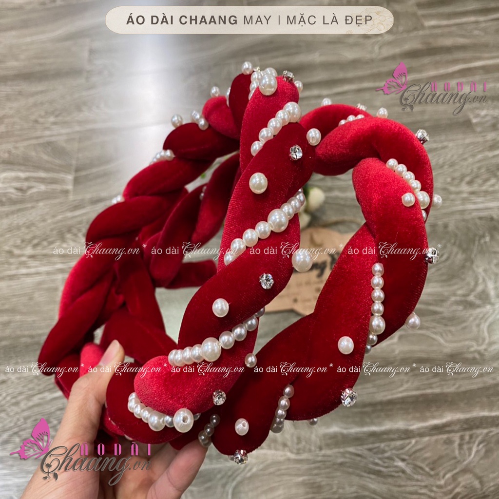 Mấn nhung đội đầu áo dài cách tân nữ truyền thống CHAANG may thiết kế chụp hình dự tiệc cưới lễ tết đẹp ADC924