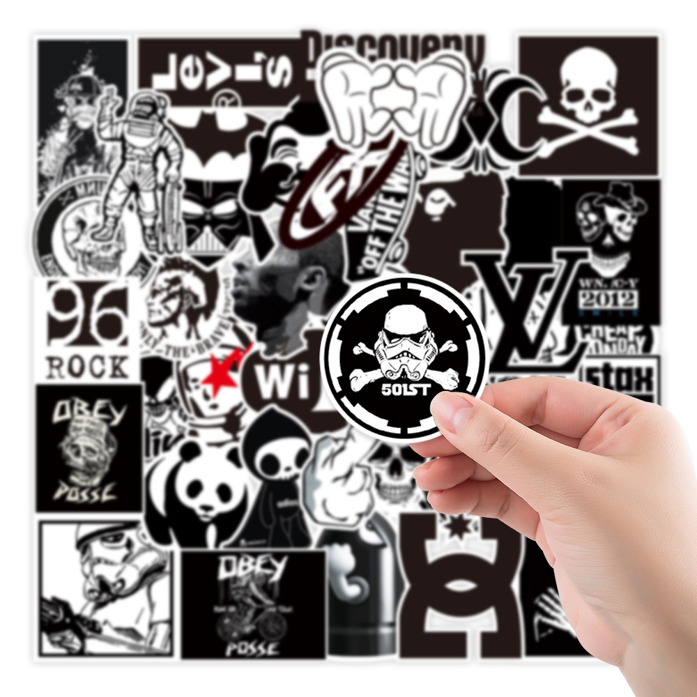 Set 100/50 miếng dán trắng đen chống thấm nước trang trí xe đạp/laptop/guitar/ván trượt