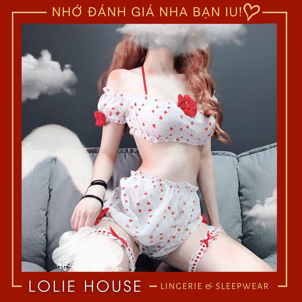 Bộ đồ ngủ Dâu tây trễ vai Dễ thương - Set ngủ Dâu tây sexy gợi cảm LOLIE HOUSE - SS5