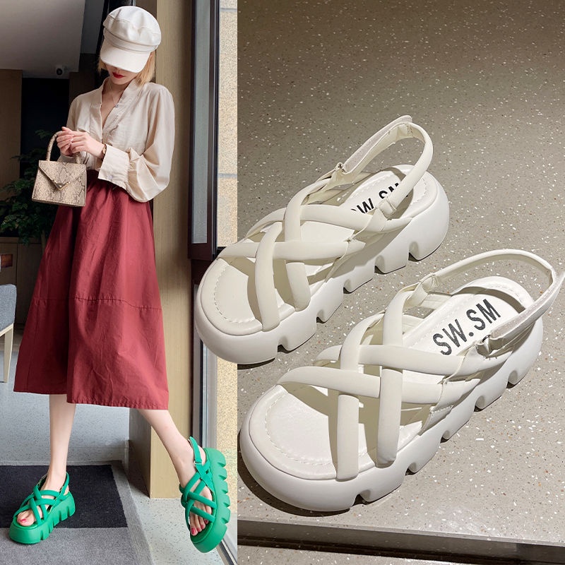 Jiashucheng Hàng Có Sẵn Giày Sandal Thể Thao Đế Dày Quai Chéo Màu Xanh Lá Phong Cách Châu Âu Mùa Hè Cho Nữ