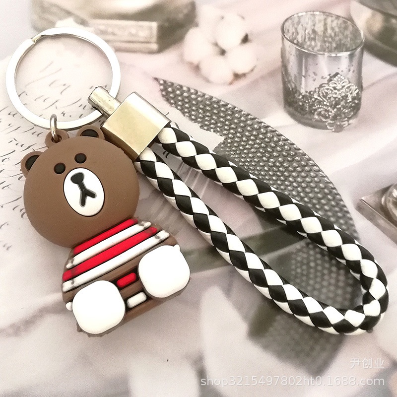Móc khóa gấu nâu chất liệu PVC kèm dây thừng cute