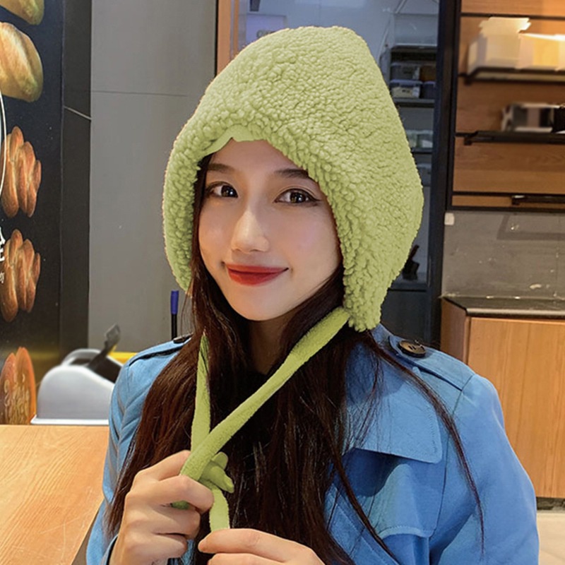 Mũ beanie lông cừu màu trơn chống gió có tai giữ ấm mùa đông cho nữ