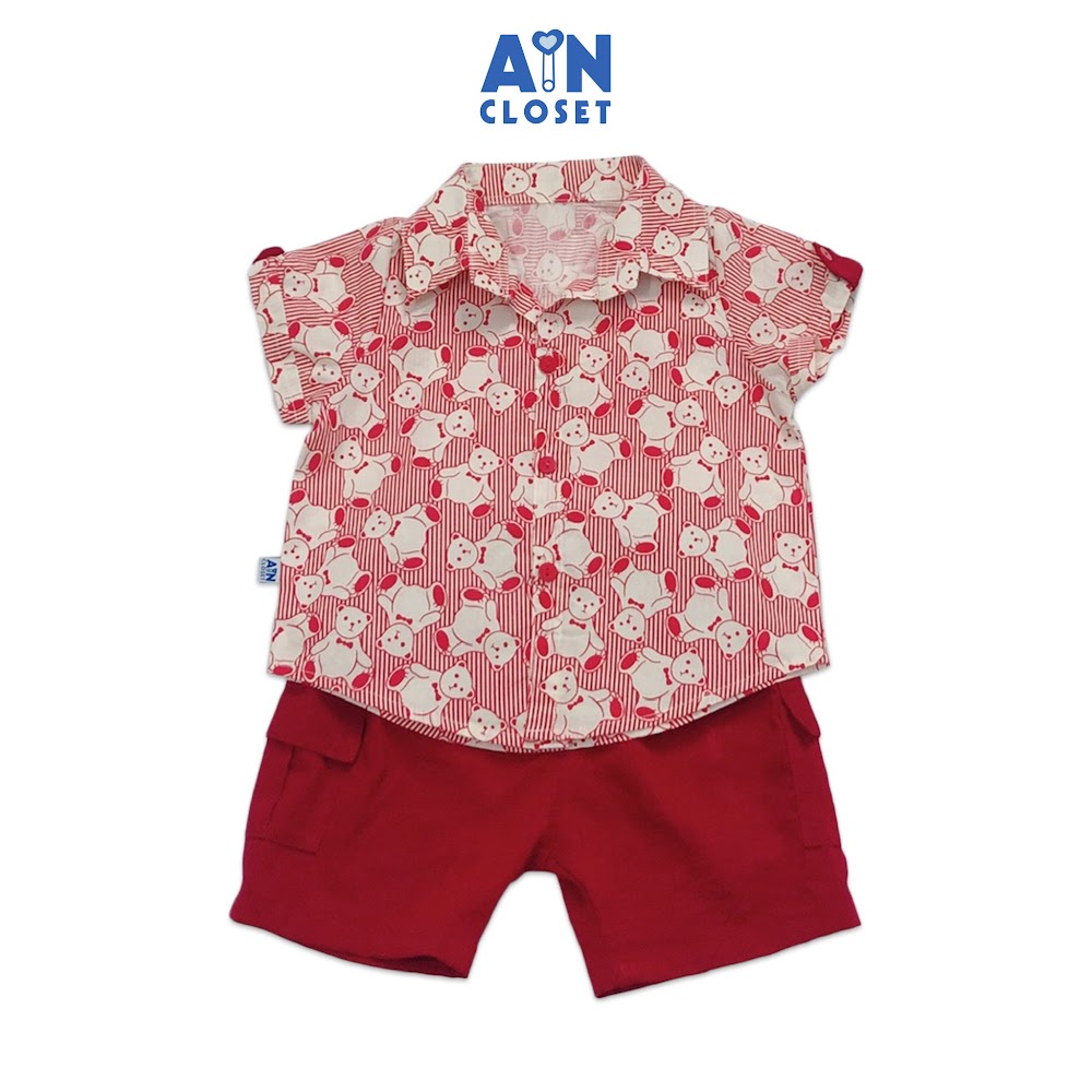 Bộ quần áo ngắn bé trai họa tiết Sơ mi Gấu kẻ đỏ cotton - AICDBTN5MU0U - AIN Closet