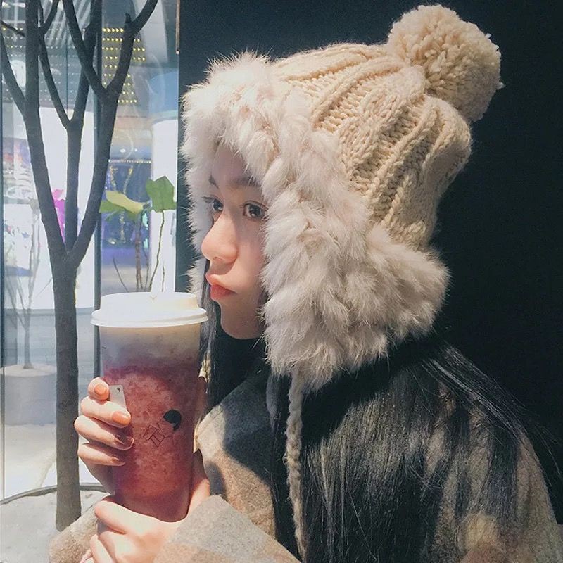 Mũ len dệt kim lông thỏ bảo vệ giữ ấm tai đính bóng lông trơn thời trang thu đông phong cách Hàn Quốc dễ thương cho nữ