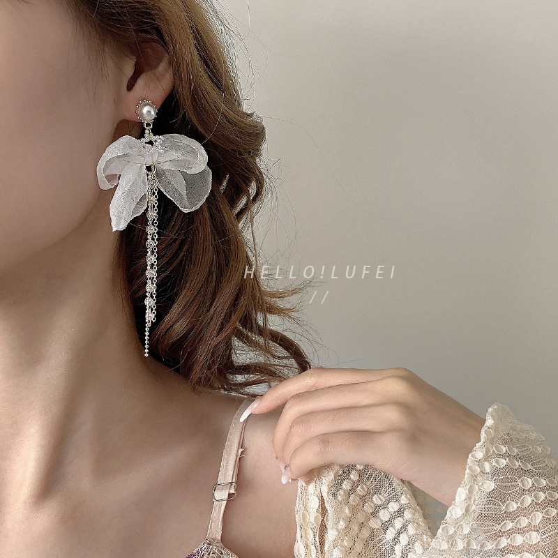 Bông Tai Phối Nơ Lưới Đính Ngọc Trai Thời Trang Hàn Quốc 2023 Cho Nữ