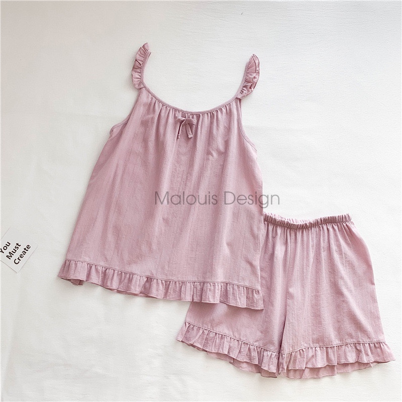Set bộ mặc nhà cánh tiên áo 2 dây quầy đùi vải đũi xước nhiều màu | MALOUIS