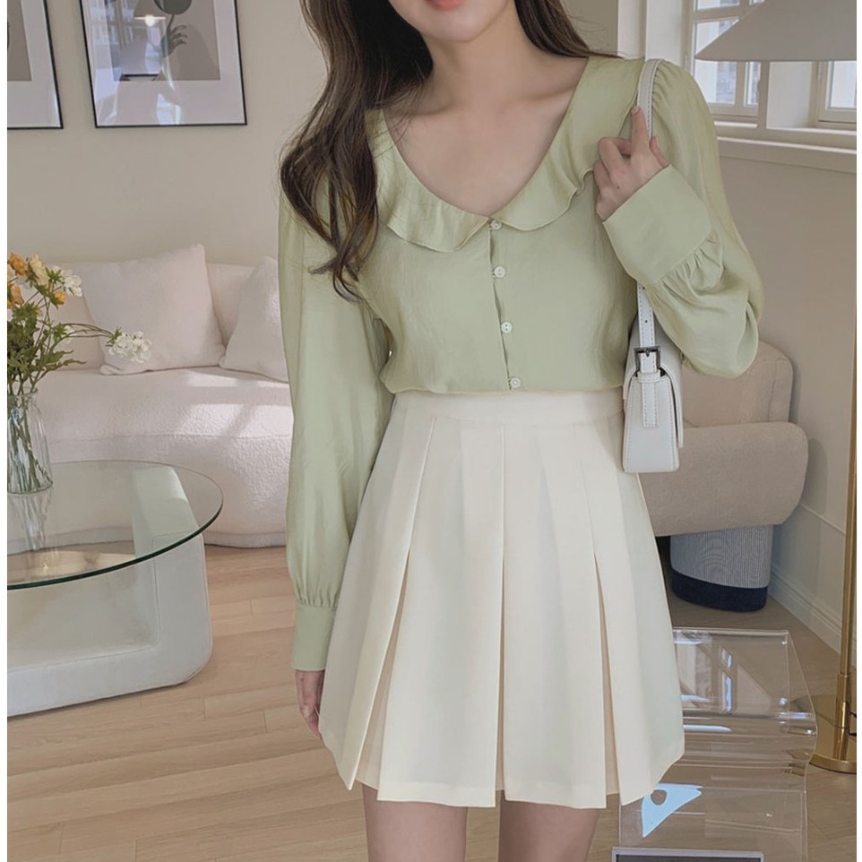Áo sơ mi tay dài nhún bèo/Chân váy xếp ly chữ a lưng cao phong cách hàn quốc 42485