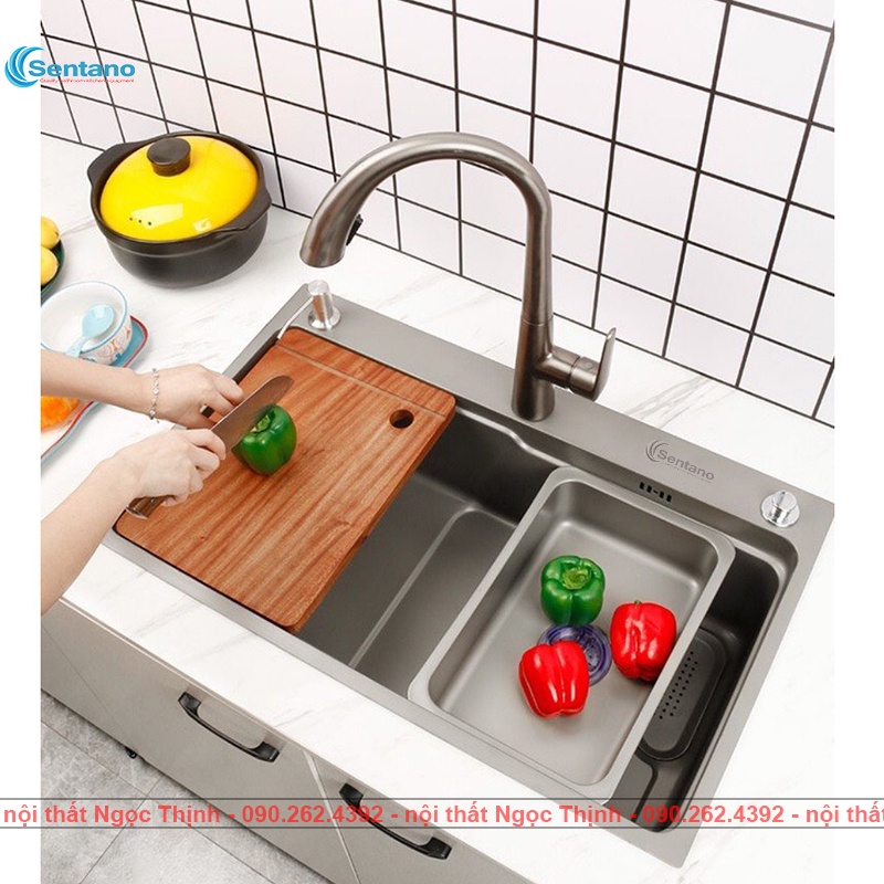 [DÀY 3.5Li -NANO CHỐNG TRẦY] Chậu rửa chén 1 hộc lớn Sentano 75x46 và 75x45cm NaNo inox sus304 hàng Chất lượng cao