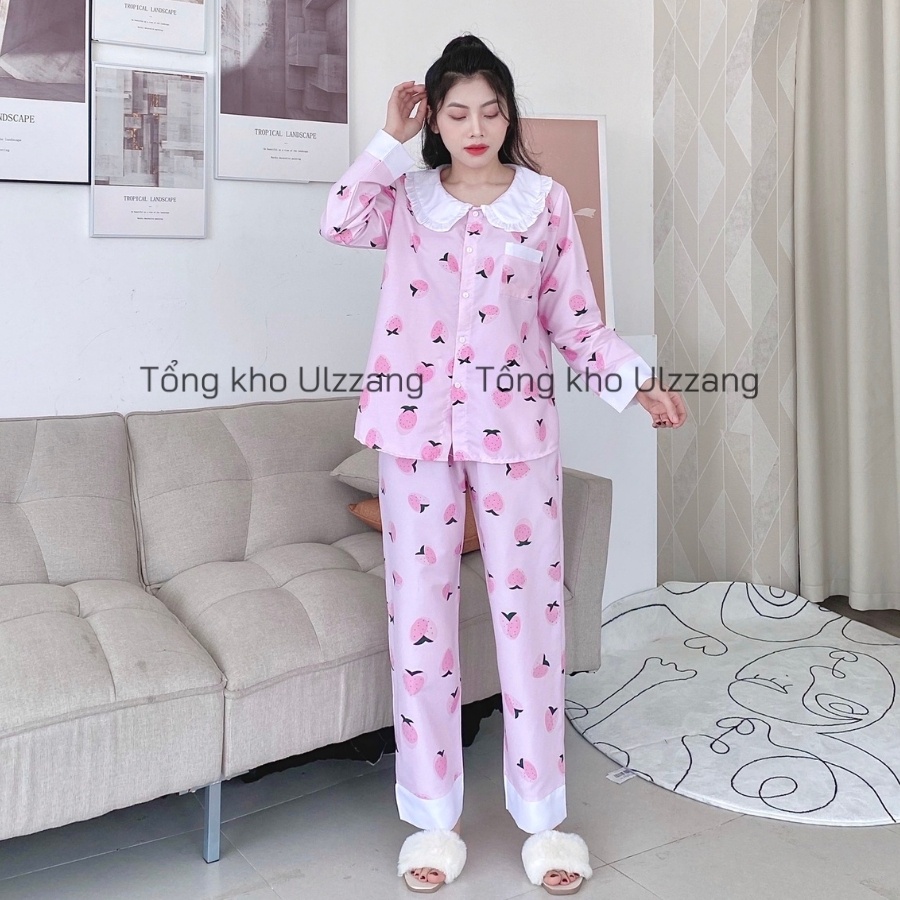 Bộ Pijama Dài Tay Quần Dài Phối Cổ Họa Tiết Dễ Thương Siêu Xinh