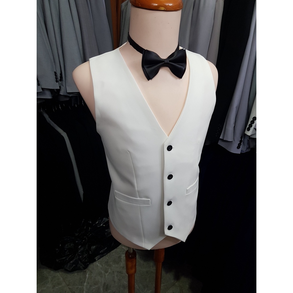 Áo gile nam form ôm body màu trắng tặng nơ đen