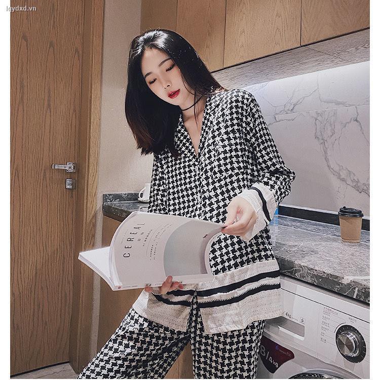 Bộ Đồ Ngủ Tay Dài Họa Tiết Houndstooth Phong Cách Hàn Quốc Trẻ Trung Cho Nữ