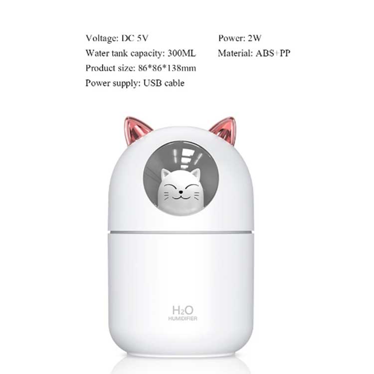 Máy Tạo Độ Ẩm Khuếch Tán Tinh Dầu Mini 300ml Có Đèn Led Hình Mèo Đáng Yêu