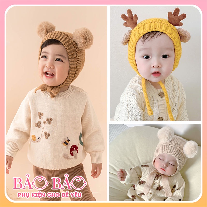 Mũ len tuần lộc, cục bông mùa đông xinh xắn cho bé trai bé gái 6-24 tháng