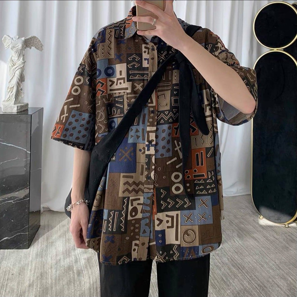 Áo Sơ Mi Nam Cộc Tay Họa Tiết Thổ Cẩm Chất Lụa Cao Cấp,Sơ Mi Dáng Rộng Phong Cách | BigBuy360 - bigbuy360.vn