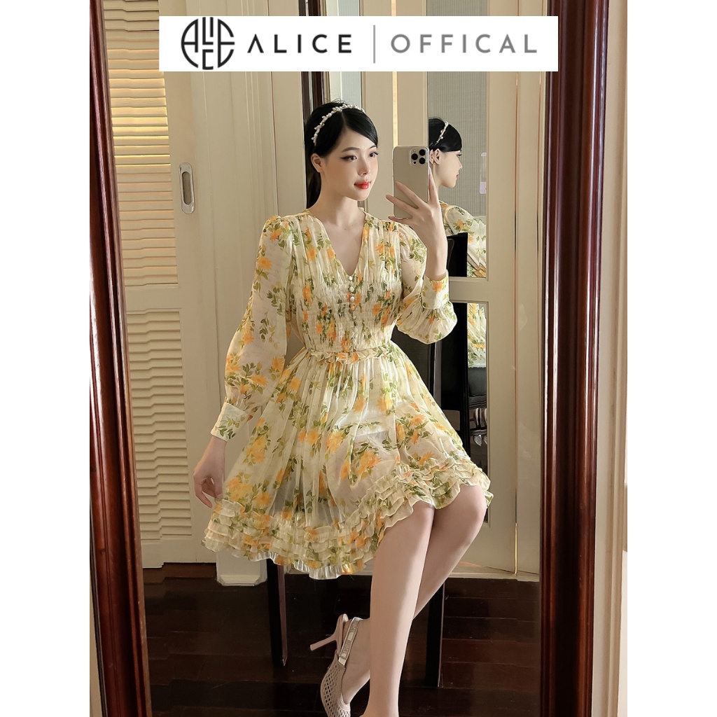 Váy Hoa Xòe Tiểu Thư ALICE Thiết Kế Cổ V Sang Chảnh, Váy Tơ Óng Tiểu Thư Đi Biển, Du Lịch V812