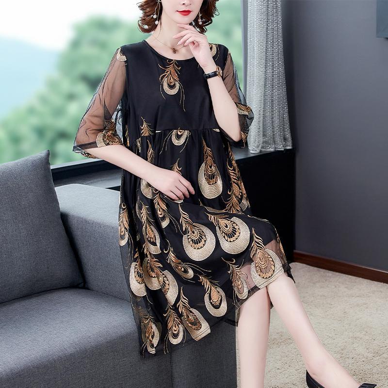 Đầm Phối Lưới Thêu Họa Tiết Chim Công Xinh Xắn Thời Trang 200 Jin Plus Size