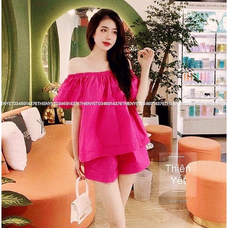 Sét bộ áo trễ vai tay bồng kèm quần sooc đùi 3 màu hồng cam đen siêu xinh chất kate xịn chuẩn ảnh