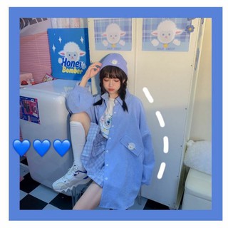 Áo khoác sơ mi nhung tăm baby blue thêu hình cừu trắng 🐑 đáng yêu Lolita