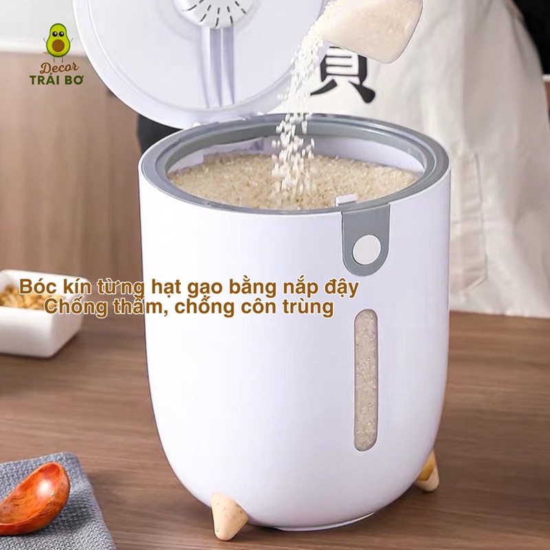 [ Có Clip ] Thùng Đựng Gạo Hiện Đại, Dung Tích 5kg, 10kg Có Chân Trụ Và Dụng Cụ Cân Đo Đi Kèm