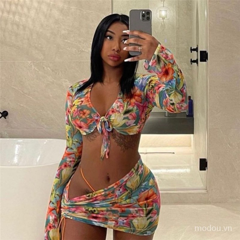 Bộ Đồ 3 Món Gồm Áo Crop Top + Chân Váy + Quần Lót Phối Lưới Thời Trang Mùa Hè Năng Động Cho Nữ