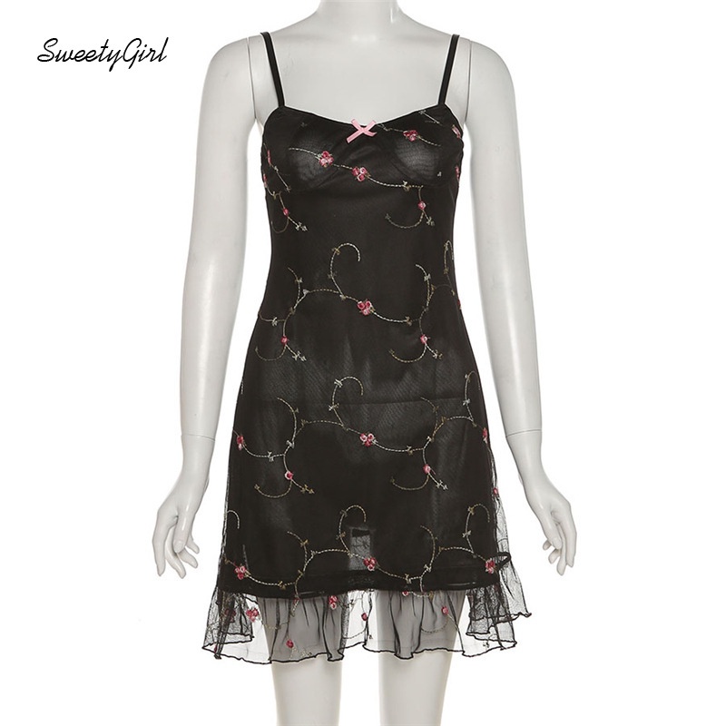 Đầm Mini Hai Dây Dáng Ôm Phối Lưới Thêu Hoa Thời Trang Cho Nữ