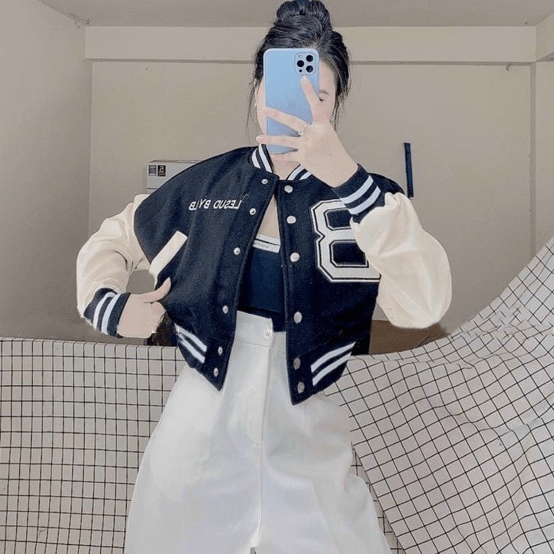 (MẪU MỚI) ÁO KHOÁC BOMBER NỮ  PHONG CÁCH CROPTOP THÊU HỌA TIẾT CHỮ B XINH LUNG LINH ĐỦ MÀU SẮC HHP