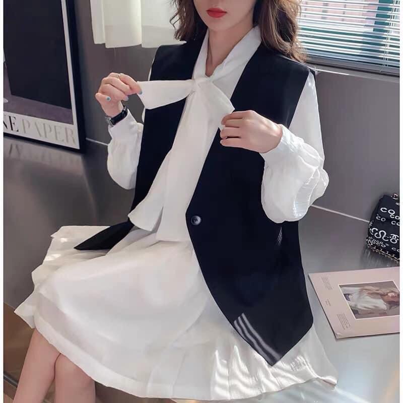 Đầm nữ  🦋 thắt nơ ngực váy trắng và đen đầm dự tiệc đi chơi du lịch váy dài mix kèm áo len gile áo khoác hay cadigant | BigBuy360 - bigbuy360.vn