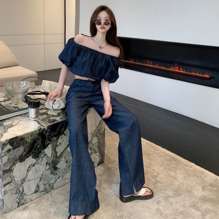℗✌Bộ Áo Croptop Trễ Vai Một Bên Tay Phồng + Quần Denim Ống Đứng Thời Trang Mùa Hè 2022 Cho Nữ