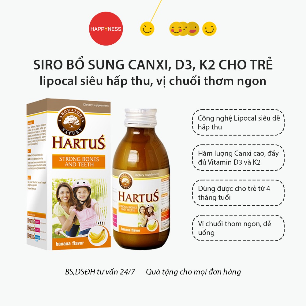 Siro bổ sung Canxi cho bé Hartus - Bổ sung Canxi, Vitamin D3 và K cho bé từ 4 tháng tuổi - Vị chuối