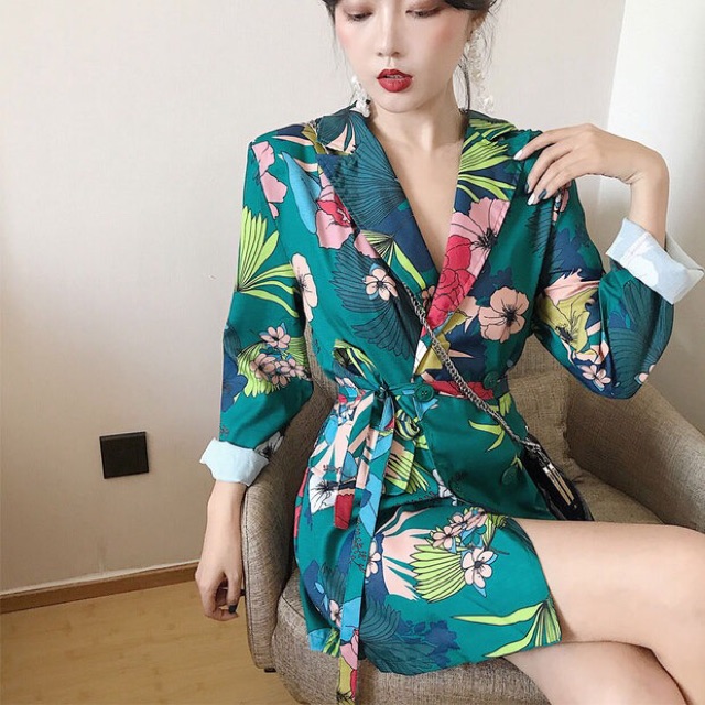 [HÀNG ORDER] Áo váy hoạ tiết dáng vest vắt chéo thắt nơ eo(CÓ ảnh thật) | BigBuy360 - bigbuy360.vn
