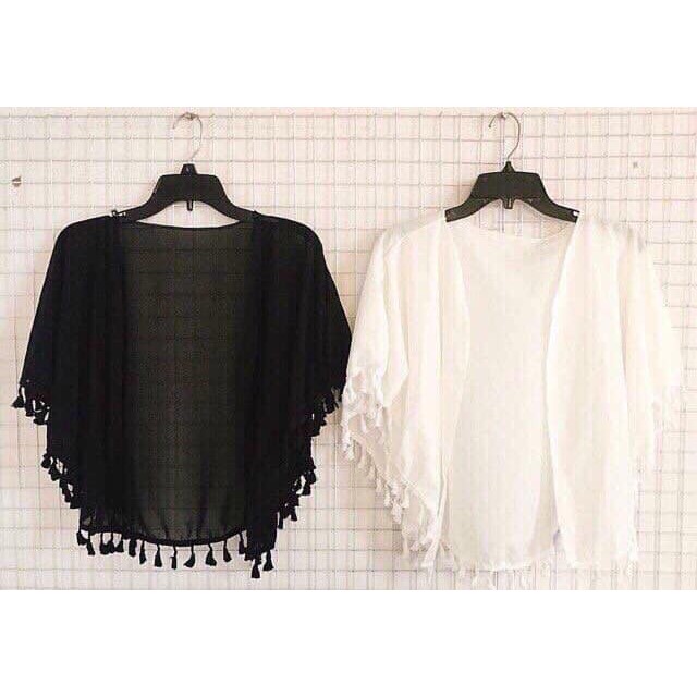 Áo choàng đi biển, áo choàng kimono tua rua dáng ngắn đen, trắng (Ảnh thật) | BigBuy360 - bigbuy360.vn