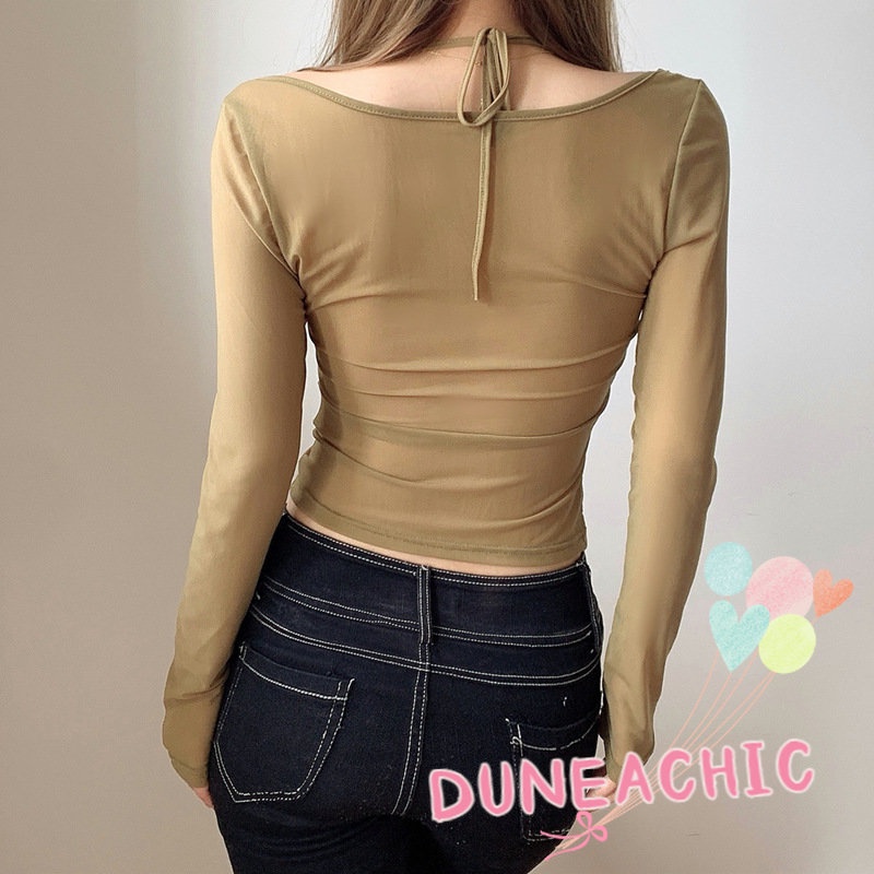 DUNEA Áo Thun Tay Dài Phối Lưới Xuyên Thấu Quyến Rũ Cho Nữ