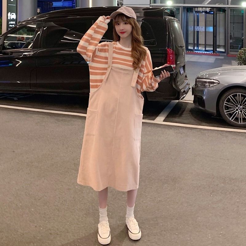 Set áo Len sweater chất dày dặn + váy yếm nhung tăm dáng suông phong cách Hàn Quốc