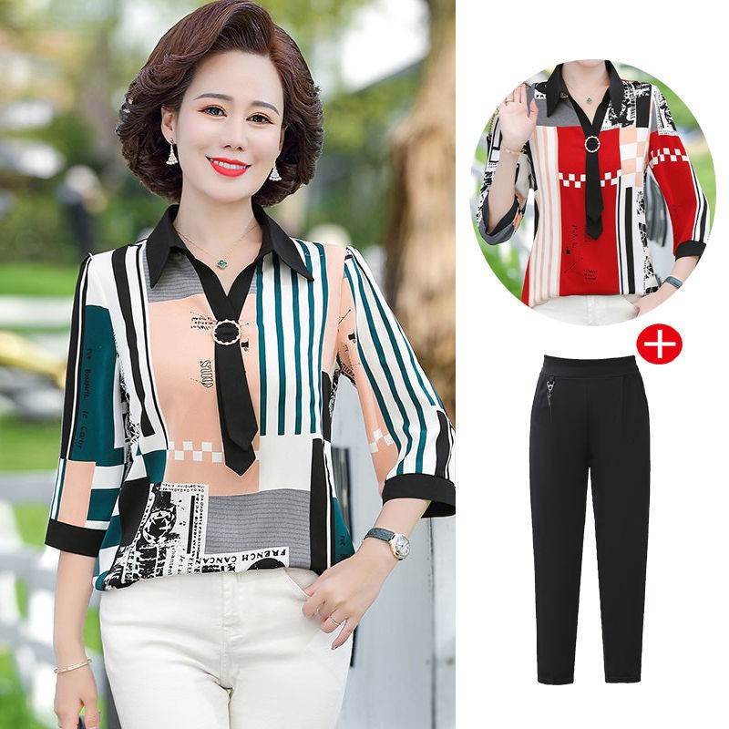 Váy mùa hè cho bà mẹ trung niên mới Mẹ bầu mùa hè 2021 áo thun, áo sơ mi, áo sơ mi thời trang mới cho tuổi 40-50 Bộ quần