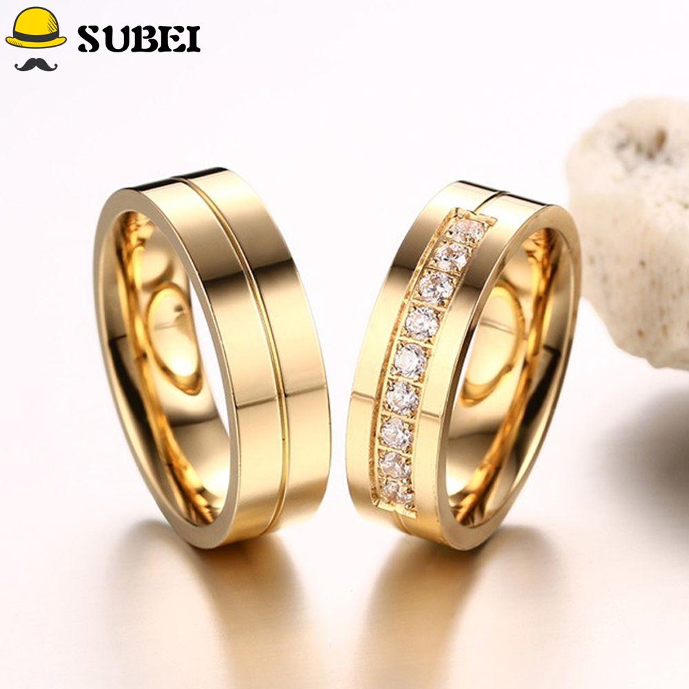 Nhẫn Cưới Bằng Thép Không Gỉ Mạ Vàng 18k Đính Đá Zirconia Thời Trang Cho Cặp Đôi