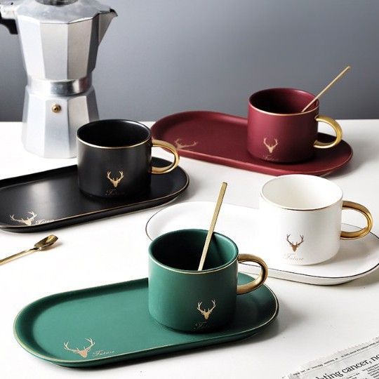 Set tách trà hình con hươu mạ vàng