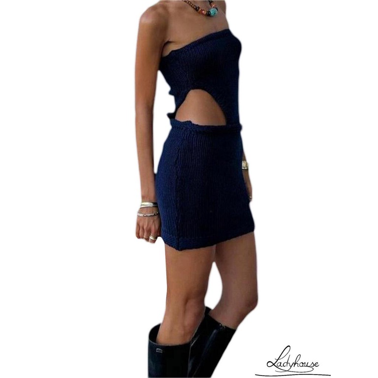 LD-Women’s Casual Tube Tops Dress Fashion Solid Color Waist Hollow Knitted Skinny Short Dress