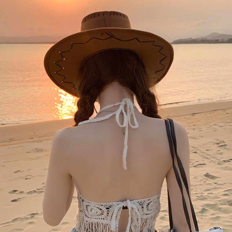 Mũ Cao Bồi Mùa Hè Có Dây Rút Che Nắng Vành Rộng Kiểu Cao Bồi Phương Tây Cho Nam Và Nữ