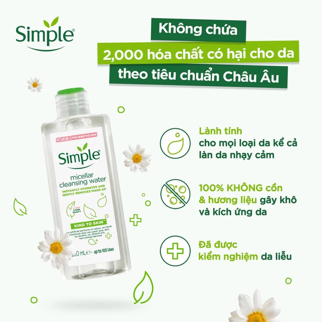 Nước tẩy trang Simple Kind To Skin Cleansing Micellar Water 200ml