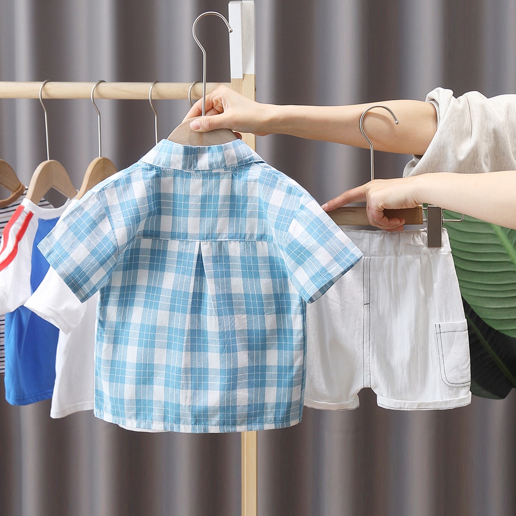 Set Áo Sơ Mi Tay Ngắn + Áo Ba Lỗ + Quần Short Cotton Họa Tiết Sọc Caro Thời Trang Mùa Hè Cho Bé Size 80-120cm