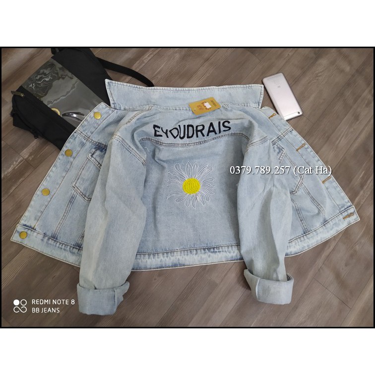 Aó khoác jean nữ xám xanh như hình form dưới 58Kg bông cúc đậm nhạt BB20