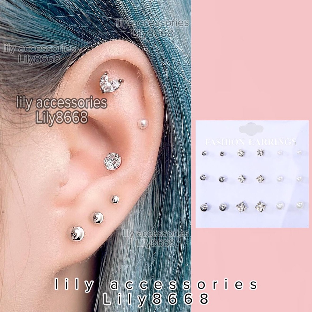 bộ 9 đôi bông tai hạt, tròn kim cho nam nữ