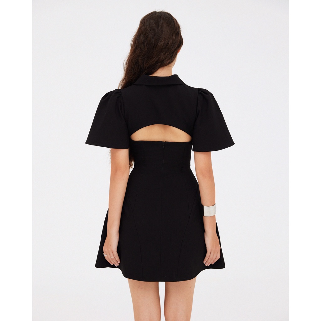 ITSCICICO - Đầm YAYA đen, cổ sơ mi tay phồng dáng xòe thanh lịch, cut out lưng.