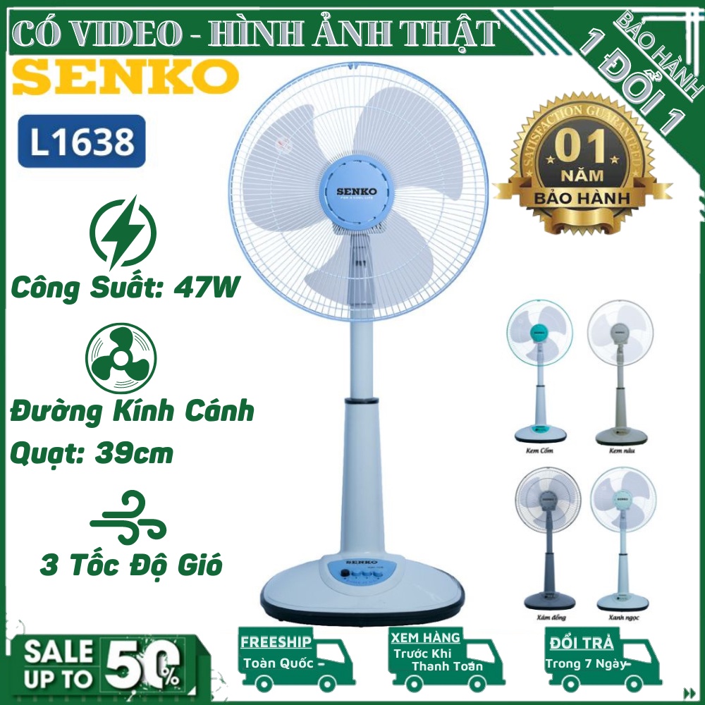 Quạt Điện - Quạt Cây Senko L1638 - Chính Hãng, 100% Lõi Đồng, Công Suất 47W, Bảo Hành 1 Năm