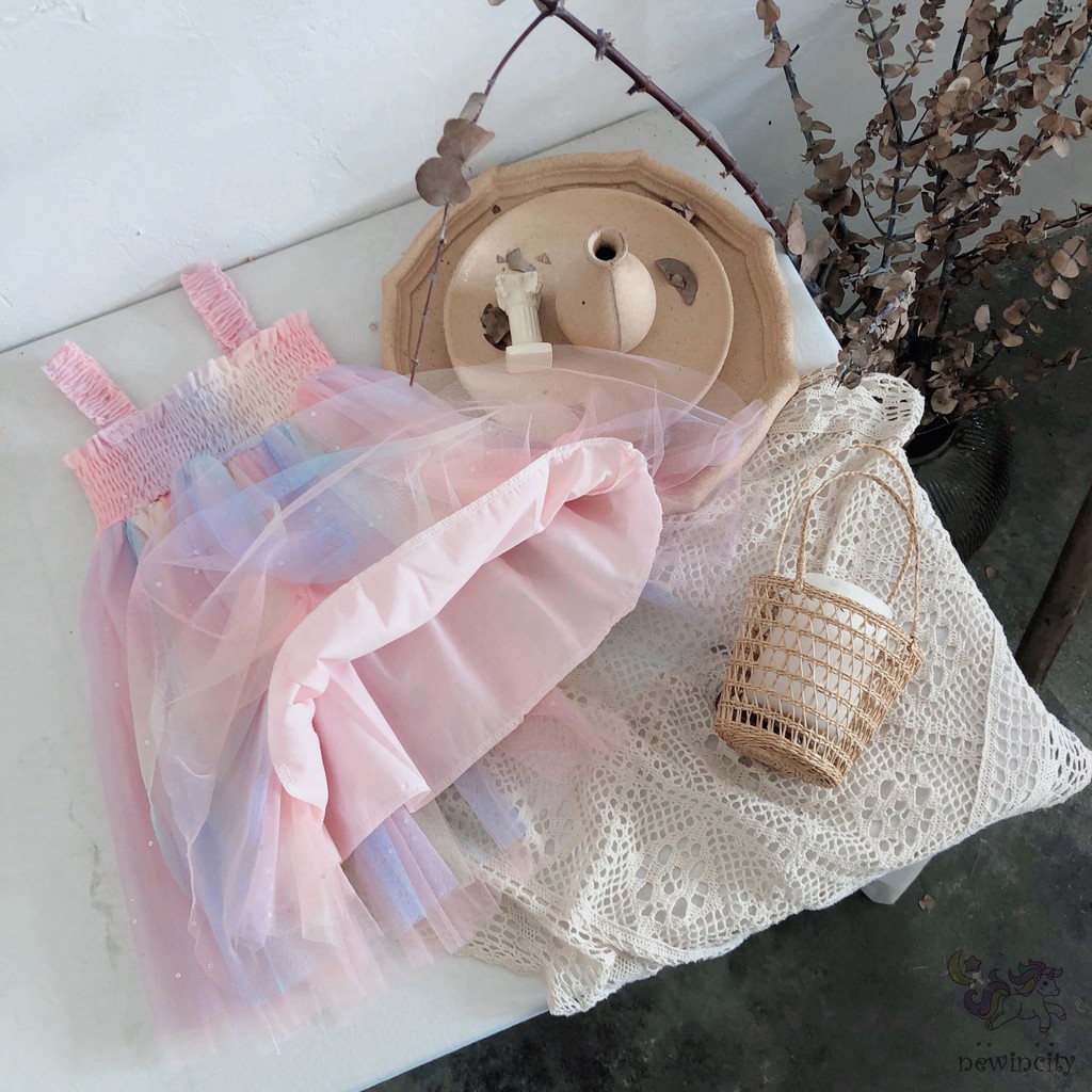Đầm Xòe Công Chúa Hai Dây Màu Cầu Vồng Thời Trang Đáng Yêu Cho Bé