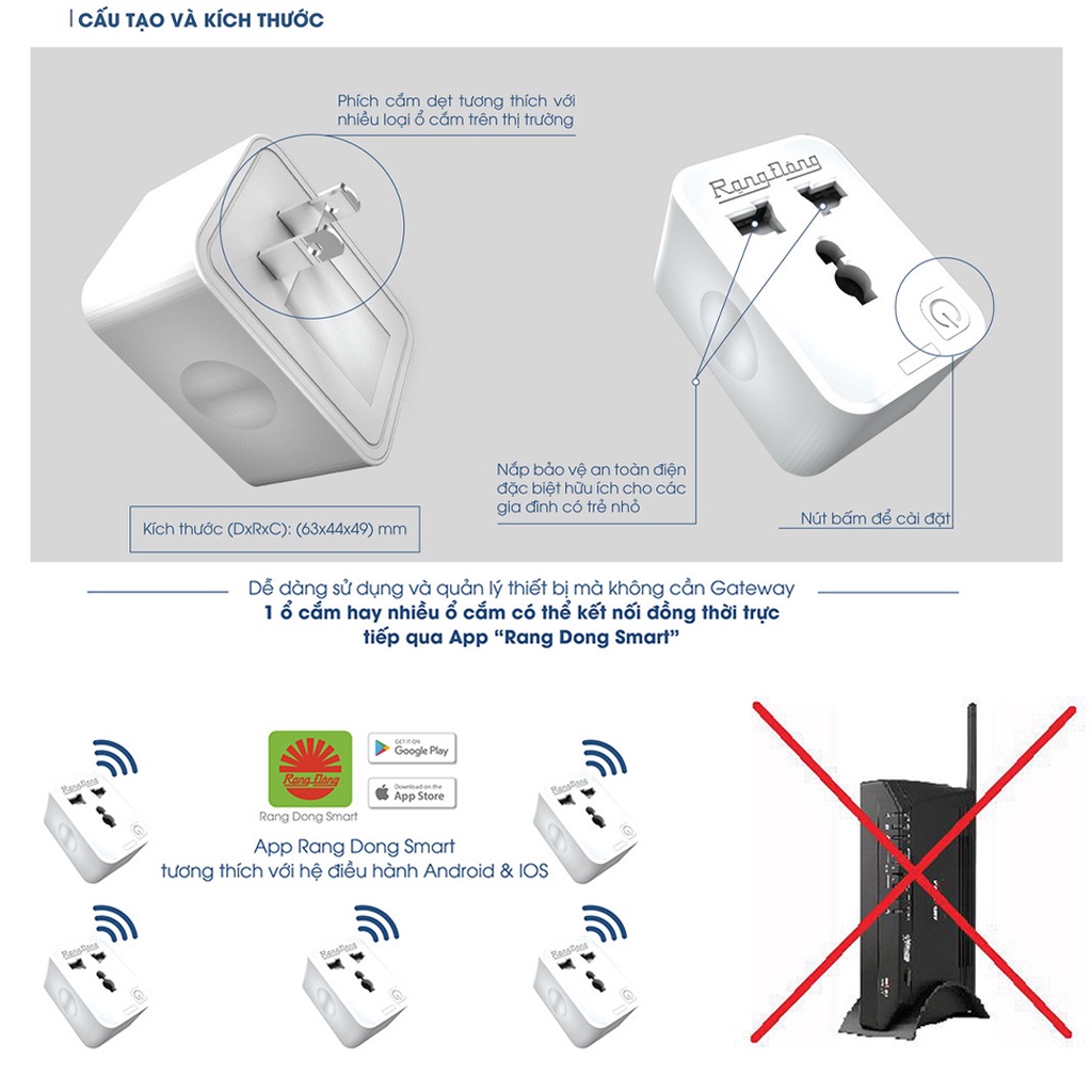 Ổ cắm điện Wifi thông minh Rạng Đông OC01WF, bật tắt bằng điện thoại, thích hợp với mọi loại chân cắm