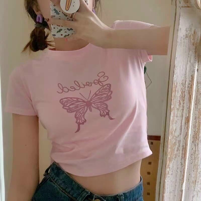 Áo thun croptop bươm bướm hồng
