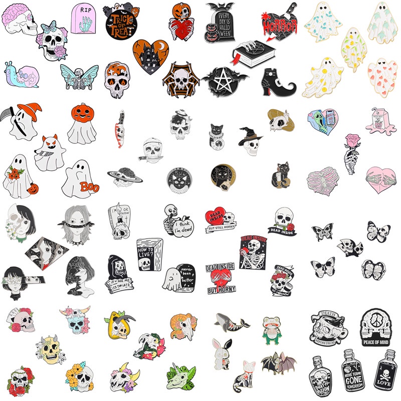 Bộ 5 huy hiệu cài áo QIHE JEWELRY hình đầu lâu phong cách Halloween độc đáo
